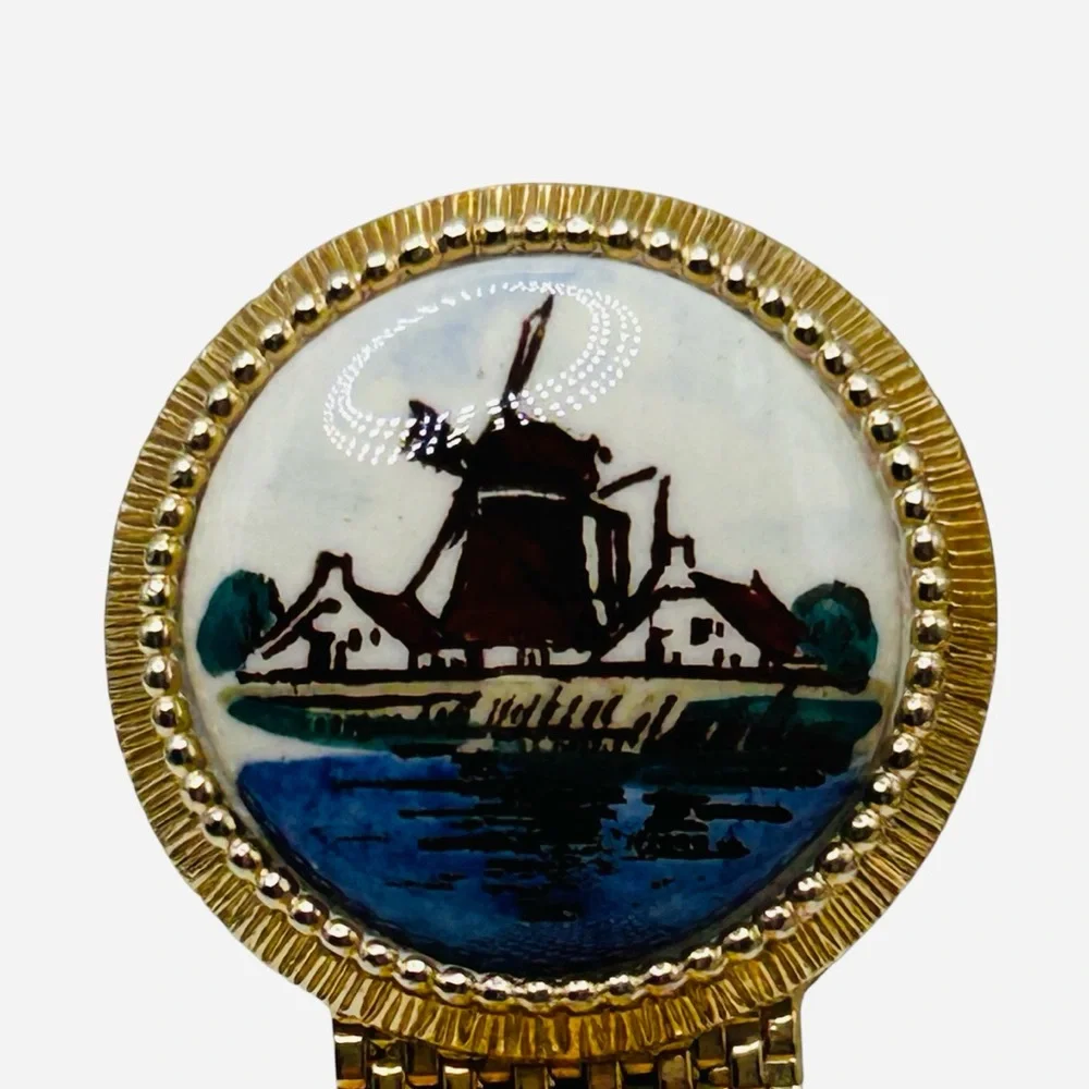 Vintage Swank Delft Porcelain Scenic Windmill Mess Cufflinks